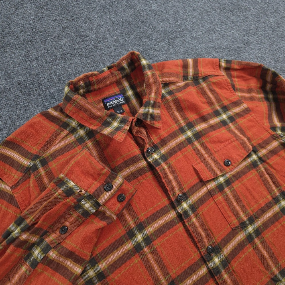 Patagonia Shirt Mens L Orange Plaid Lightweight Fjord Flannel Hiking Outdoors
